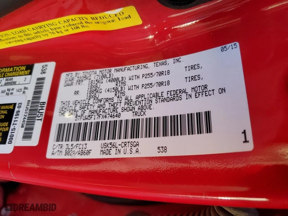2015 Toyota Tundra 4WD Truck SR with VIN 5TFUW5F17FX474640, listed as a Copart auction lot 85691444 with 0 mi miles and Salvage Title. Bid and sale history available at carsss.com. Image 14.
