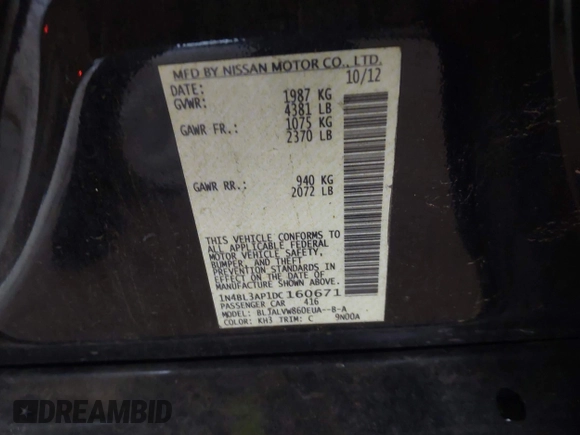 2013 Nissan Altima SV z VIN 1N4BL3AP1DC160671, wystawiony jako IAAI lot #42219112 z przebiegiem 211 825 mil mil oraz . Historia ofert i sprzedaży dostępna na DreamBid. Obrazek 9.