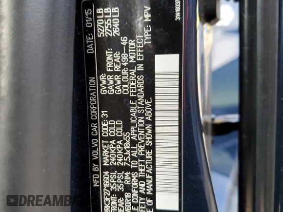 2015 Volvo XC60 T5 with VIN YV4612RK3F2716604, listed as a Copart auction lot 59855665 with 100,989 mi miles and Salvage title. Bid and sale history available at DreamBid. Image 15.