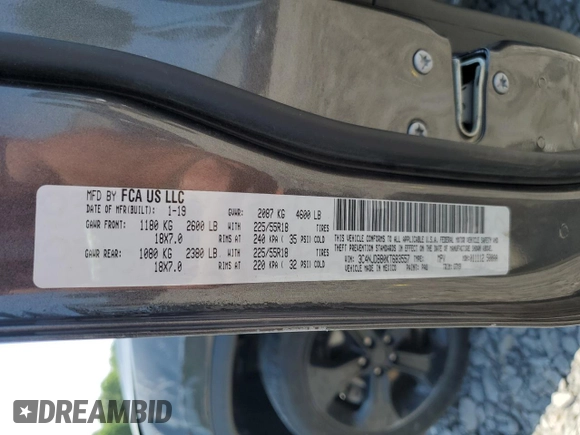 2019 Jeep Compass Altitude with VIN 3C4NJDBB0KT683557, listed as a Copart auction lot 59211055 with 102,648 mi miles and Salvage title. Bid and sale history available at DreamBid. Image 13.