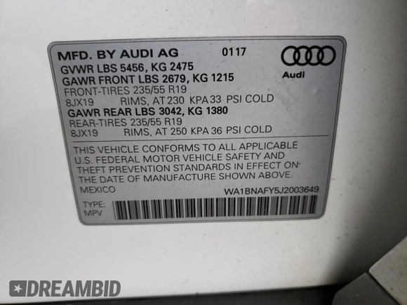 2018 Audi Q5 Premium Plus with VIN WA1BNAFY5J2003649, listed as a Copart auction lot 66084292 with 72,292 mi miles. Bid and sale history available at carsss.com. Image 13.