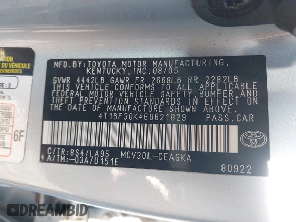 2006 Toyota Camry LE z VIN 4T1BF30K46U621829, wystawiony jako IAAI lot #41068239 z przebiegiem 96 942 mil mil oraz . Historia ofert i sprzedaży dostępna na DreamBid. Obrazek 9.