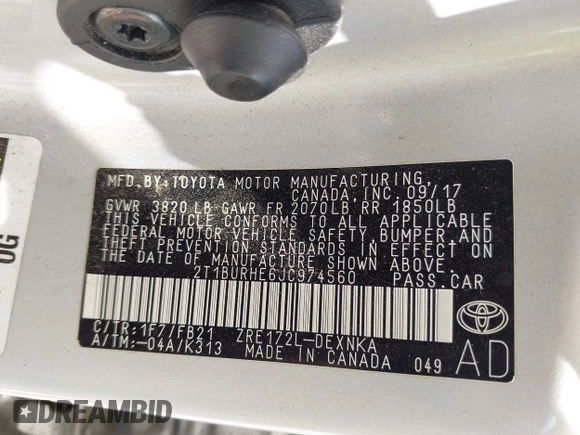 2018 Toyota Corolla L with VIN 2T1BURHE6JC974560, listed as a IAAI auction lot 42380518 with 155,926 mi miles and . Bid and sale history available at DreamBid. Image 9.