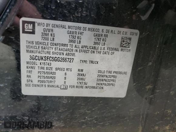 2016 Chevrolet Silverado 1500 LTZ with VIN 3GCUKSEC5GG266727, listed as a Copart auction lot 46676275 with 110,932 mi miles and Salvage Title. Bid and sale history available at carsss.com. Image 12.