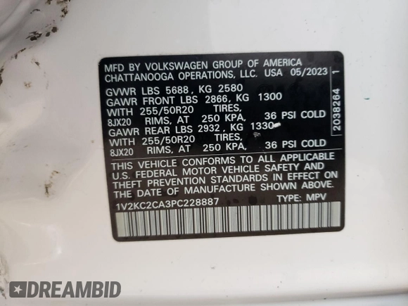 2023 Volkswagen Atlas SE z VIN 1V2KC2CA3PC228887, wystawiony jako Copart lot #85809214 z przebiegiem 17 480 mil mil oraz Szkoda całkowita • Salvage title. Historia ofert i sprzedaży dostępna na DreamBid. Obrazek 13.