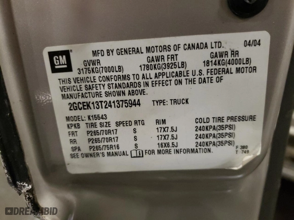 2004 Chevrolet Silverado 1500 Crew Cab Z71 with VIN 2GCEK13T241375944, listed as a Copart auction lot 83793704 with 249,715 mi miles and Salvage Title. Bid and sale history available at carsss.com. Image 14.