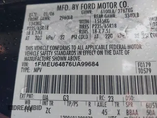 2006 Ford Explorer Eddie Bauer с VIN 1FMEU64876UA99684, выставлен на аукционе IAAI как лот 42156333 с пробегом 174 141 миль миль и . История ставок и продаж доступна на DreamBid. Изображение 9.