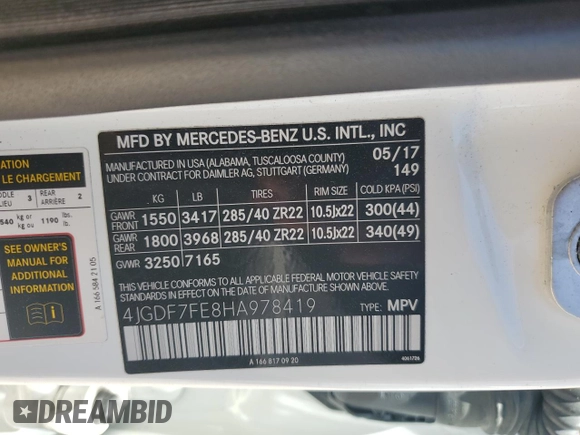 2017 Mercedes-Benz GLS 63 AMG with VIN 4JGDF7FE8HA978419, listed as a Copart auction lot 61480345 with 78,594 mi miles and Clean title. Bid and sale history available at DreamBid. Image 13.