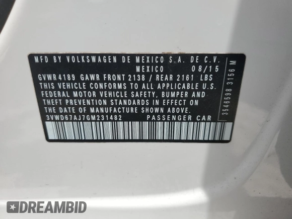2016 Volkswagen Jetta Sedan 1.4T SE with VIN 3VWD67AJ7GM231482, listed as a Copart auction lot 53918705 with 184,120 mi miles and Clean Title. Bid and sale history available at carsss.com. Image 12.