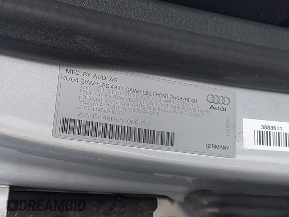 2005 Audi A4 3.0L with VIN WAUDT48H55K006377, listed as a IAAI auction lot 41535047 with 145,577 mi miles. Bid and sale history available at carsss.com. Image 9.