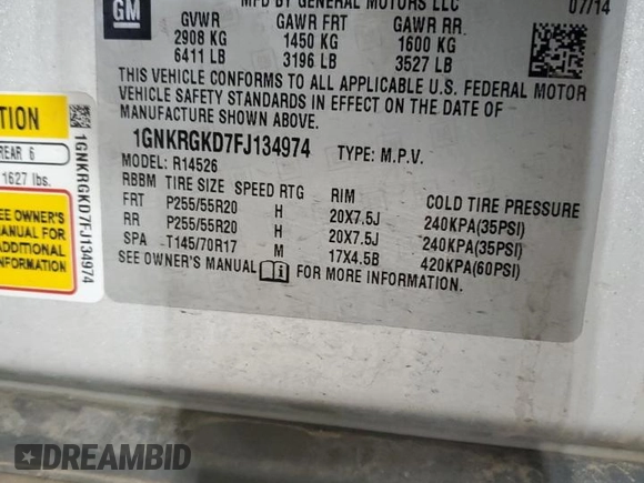 2015 Chevrolet Traverse LT z VIN 1GNKRGKD7FJ134974, wystawiony jako Copart lot #55103875 z przebiegiem 265 652 mil mil oraz Nie do naprawy • Non repairable. Historia ofert i sprzedaży dostępna na DreamBid. Obrazek 13.