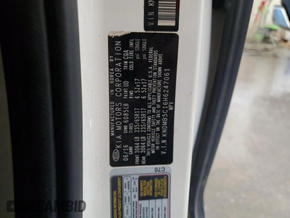 2017 Kia Sedona LX with VIN KNDMB5C16H6247061, listed as a Copart auction lot 86694334 with 219,427 mi miles and Salvage Title. Bid and sale history available at carsss.com. Image 14.