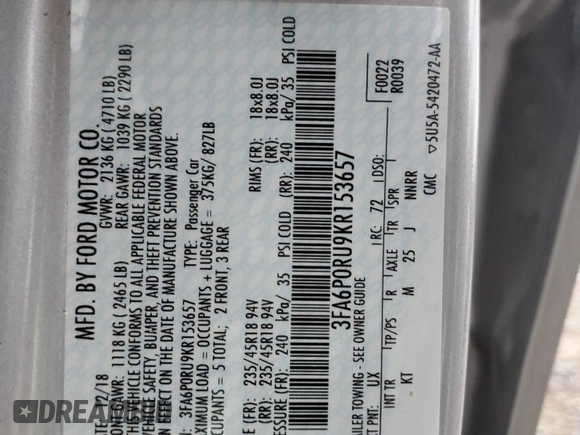 2019 Ford Fusion Hybrid Titanium with VIN 3FA6P0RU9KR153657, listed as a Copart auction lot 36272673 with 52,852 mi miles. Bid and sale history available at carsss.com. Image 13.