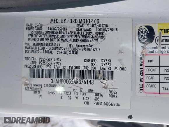 2010 Ford Fusion SEL with VIN 3FAHP0CG5AR376143, listed as a IAAI auction lot 41385840 with 153,854 mi miles. Bid and sale history available at carsss.com. Image 9.