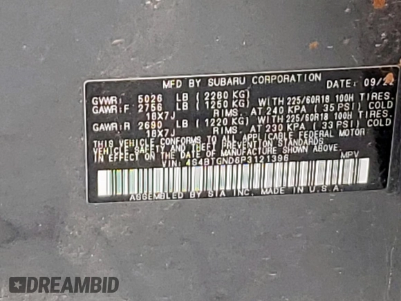 2023 Subaru Outback Limited XT with VIN 4S4BTGND6P3121396, listed as a Copart auction lot 57266775 with 58,574 mi miles and Salvage title. Bid and sale history available at DreamBid. Image 13.