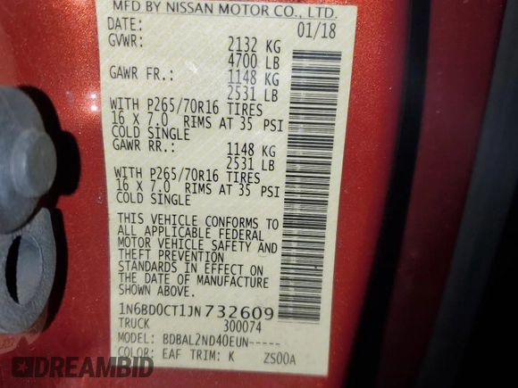 2018 Nissan Frontier S with VIN 1N6BD0CT1JN732609, listed as a Copart auction lot 57090885 with 47,926 mi miles and Non repairable. Bid and sale history available at DreamBid. Image 14.