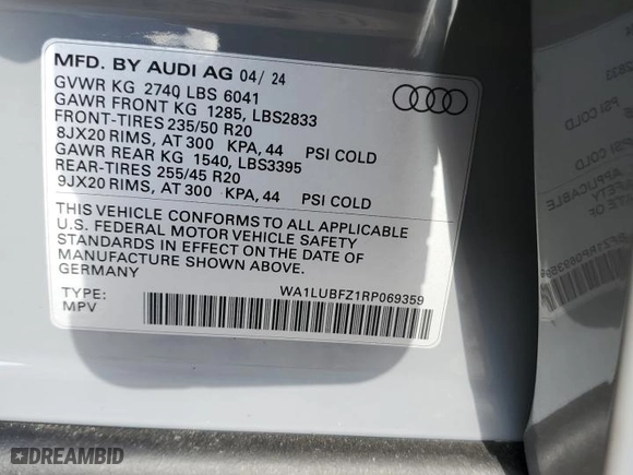 2024 Audi Q4 e-tron Premium Plus with VIN WA1LUBFZ1RP069359, listed as a Copart auction lot 75026344 with 762 mi miles and Non Repairable. Bid and sale history available at carsss.com. Image 14.