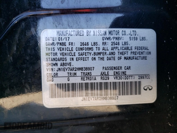 2017 Infiniti Q50 Premium with VIN JN1EV7AR2HM838907, listed as a Copart auction lot 56480525 with 161,304 mi miles and Salvage title. Bid and sale history available at DreamBid. Image 12.