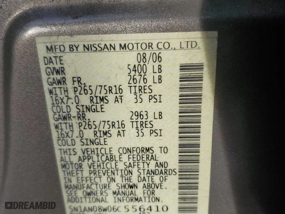 2006 Nissan Xterra X with VIN 5N1AN08W06C556410, listed as a Copart auction lot 84676174 with 127,880 mi miles and Salvage Title. Bid and sale history available at carsss.com. Image 12.