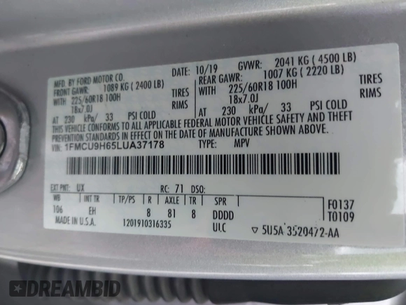 2020 Ford Escape SEL with VIN 1FMCU9H65LUA37178, listed as a IAAI auction lot 42150999 with 107,722 mi miles and . Bid and sale history available at DreamBid. Image 9.