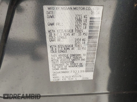 2014 Nissan Pathfinder SV with VIN 5N1AR2MN0EC732139, listed as a IAAI auction lot 41684984 with 125,590 mi miles and . Bid and sale history available at DreamBid. Image 9.