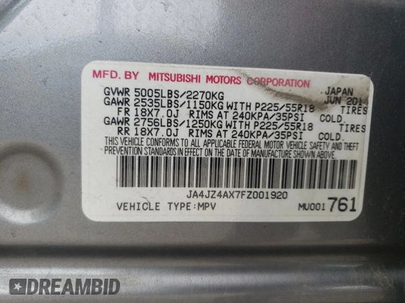 2015 Mitsubishi Outlander GT with VIN JA4JZ4AX7FZ001920, listed as a Copart auction lot 61934745 with 141,190 mi miles and Clean title. Bid and sale history available at DreamBid. Image 13.