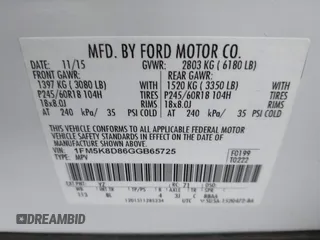 2016 Ford Explorer XLT with VIN 1FM5K8D86GGB65725, listed as a IAAI auction lot 41857272 with 91,410 mi miles. Bid and sale history available at carsss.com. Image 9.