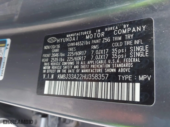 2017 Hyundai Tucson Value with VIN KM8J33A22HU358357, listed as a IAAI auction lot 41583774 with 139,338 mi miles. Bid and sale history available at carsss.com. Image 9.