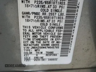 2007 Nissan Murano SL z VIN JN8AZ08W47W645765, wystawiony jako Copart lot #57351075 z przebiegiem 158 467 mil mil oraz Szkoda całkowita • Salvage title. Historia ofert i sprzedaży dostępna na DreamBid. Obrazek 13.