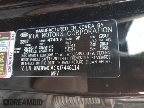 2018 Kia Sportage LX with VIN KNDPMCACXJ7446114, listed as a Copart auction lot 37712144 with 65,273 mi miles and Non Repairable. Bid and sale history available at DreamBid. Image 12.