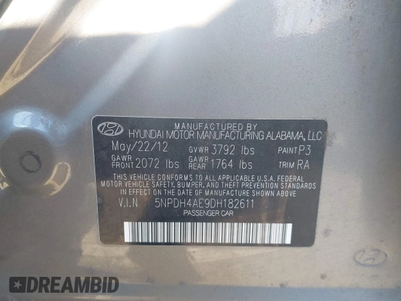 2013 Hyundai Elantra Limited with VIN 5NPDH4AE9DH182611, listed as a IAAI auction lot 41641197 with Not Provided miles and . Bid and sale history available at DreamBid. Image 9.