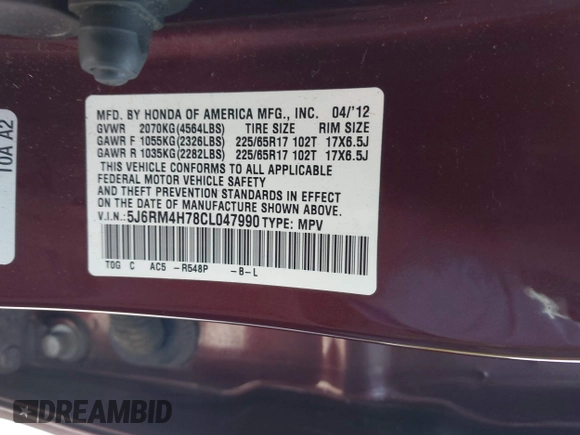 2012 Honda CR-V EX-L with VIN 5J6RM4H78CL047990, listed as a IAAI auction lot 42146207 with 121,043 mi miles. Bid and sale history available at carsss.com. Image 9.