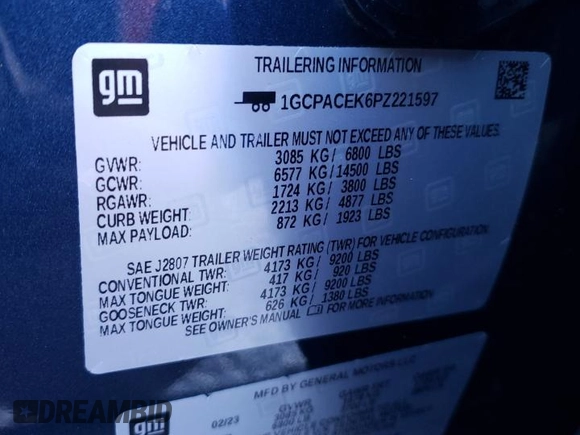 2023 Chevrolet Silverado 1500 LT with VIN 1GCPACEK6PZ221597, listed as a Copart auction lot 85148694 with 22,538 mi miles and Salvage Title. Bid and sale history available at DreamBid. Image 12.
