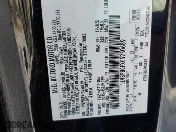 2012 Ford Mustang GT Premium with VIN 1ZVBP8CFXC5250689, listed as a Copart auction lot 45692145 with 152,224 mi miles and Salvage Title. Bid and sale history available at DreamBid. Image 12.