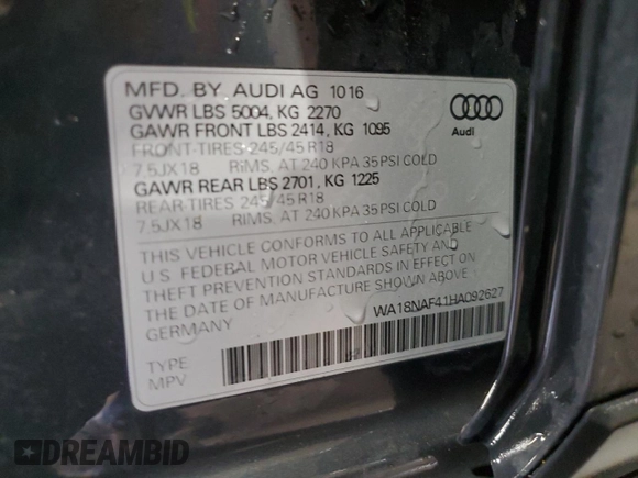 2017 Audi allroad Premium Plus with VIN WA18NAF41HA092627, listed as a Copart auction lot 50917515 with 85,359 mi miles and Clean Title. Bid and sale history available at carsss.com. Image 14.