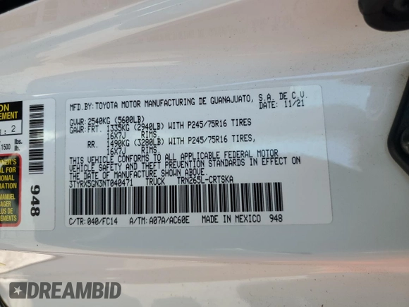 2022 Toyota Tacoma SR с VIN 3TYRX5GN3NT040471, выставлен на аукционе Copart как лот 60150965 с пробегом 46 396 миль миль и Списание • Salvage title. История ставок и продаж доступна на DreamBid. Изображение 13.