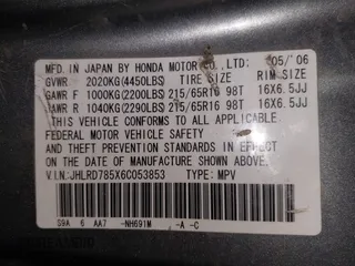 2006 Honda CR-V LX with VIN JHLRD785X6C053853, listed as a IAAI auction lot 42018895 with 246,316 mi miles and . Bid and sale history available at carsss.com. Image 9.