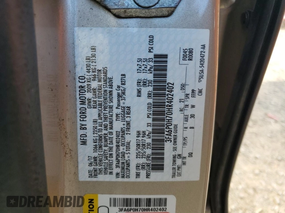 2017 Ford Fusion SE with VIN 3FA6P0H70HR402402, listed as a Copart auction lot 50150735 with 56,126 mi miles and Salvage title. Bid and sale history available at DreamBid. Image 13.