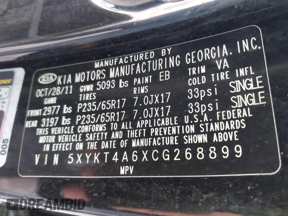 2012 Kia Sorento LX with VIN 5XYKT4A6XCG268899, listed as a IAAI auction lot 41727022 with 1 mi miles. Bid and sale history available at carsss.com. Image 9.