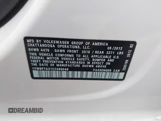 2012 Volkswagen Passat SE z VIN 1VWBP7A31CC099045, wystawiony jako IAAI lot #42063773 z przebiegiem 166 998 mil mil oraz . Historia ofert i sprzedaży dostępna na DreamBid. Obrazek 9.