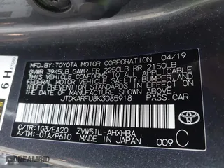 2019 Toyota Prius L Eco with VIN JTDKARFU8K3085918, listed as a IAAI auction lot 41107891 with 166,295 mi miles. Bid and sale history available at carsss.com. Image 9.