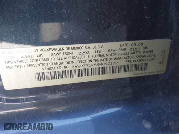 2009 Volkswagen Jetta SE with VIN 3VWRZ71K59M057372, listed as a IAAI auction lot 41741847 with 197,105 mi miles and . Bid and sale history available at DreamBid. Image 9.