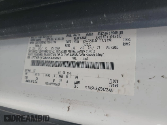 2017 Ford Transit with VIN 1FTYR1YG6HKA19023, listed as a Copart auction lot 42137454 with 153,788 mi miles and Salvage title. Bid and sale history available at DreamBid. Image 13.