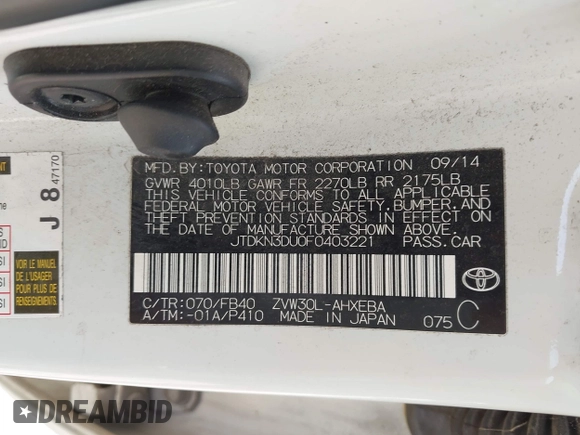 2015 Toyota Prius Four with VIN JTDKN3DU0F0403221, listed as a IAAI auction lot 42148385 with 163,391 mi miles. Bid and sale history available at carsss.com. Image 9.