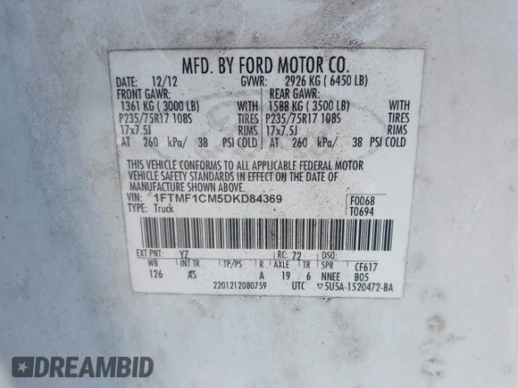 2013 Ford F-150 XL with VIN 1FTMF1CM5DKD84369, listed as a IAAI auction lot 42185654 with Not Provided miles and . Bid and sale history available at carsss.com. Image 9.