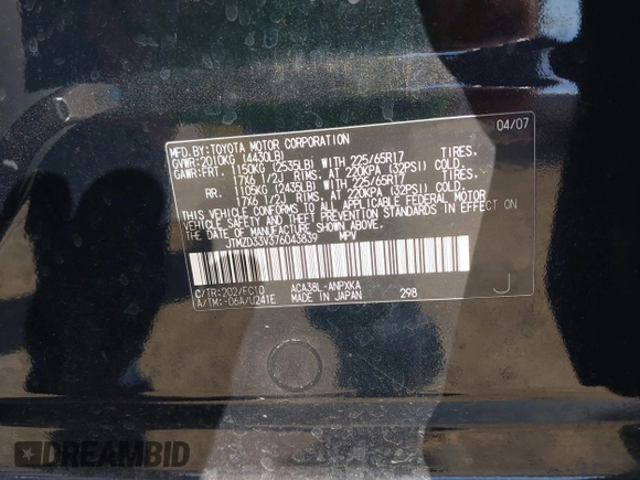 2007 Toyota RAV4 with VIN JTMZD33V376043839, listed as a IAAI auction lot 41670983 with 181,499 mi miles. Bid and sale history available at carsss.com. Image 9.