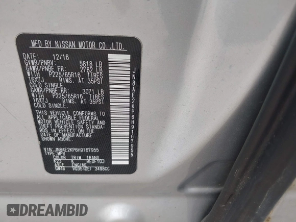 2017 Nissan Quest SV z VIN JN8AE2KP6H9167955, wystawiony jako IAAI lot #41628746 z przebiegiem 126 655 mil mil oraz . Historia ofert i sprzedaży dostępna na DreamBid. Obrazek 9.