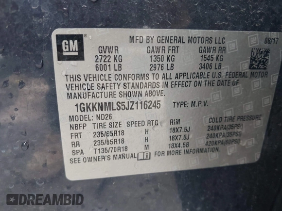 2018 GMC Acadia SLT with VIN 1GKKNMLS5JZ116245, listed as a IAAI auction lot 42518413 with 85,244 mi miles and . Bid and sale history available at DreamBid. Image 9.