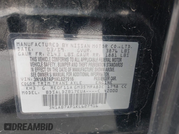 2019 Nissan Sentra SV with VIN 3N1AB7AP1KL627916, listed as a IAAI auction lot 41934559 with 97,669 mi miles and . Bid and sale history available at DreamBid. Image 9.