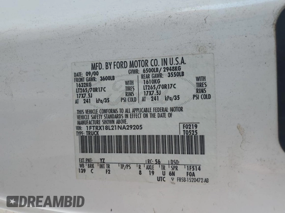 2001 Ford F-150 XL z VIN 1FTRX18L21NA29205, wystawiony jako Copart lot #58928795 z przebiegiem Nie podano mil oraz Szkoda całkowita • Salvage title. Historia ofert i sprzedaży dostępna na DreamBid. Obrazek 12.